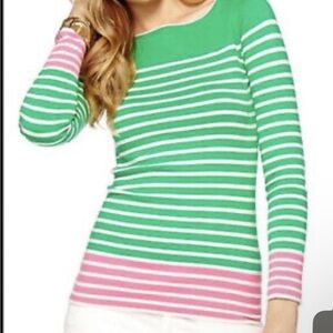 Lilly Pulitzer Green, Pink and White Striped Maria Boatneck Top